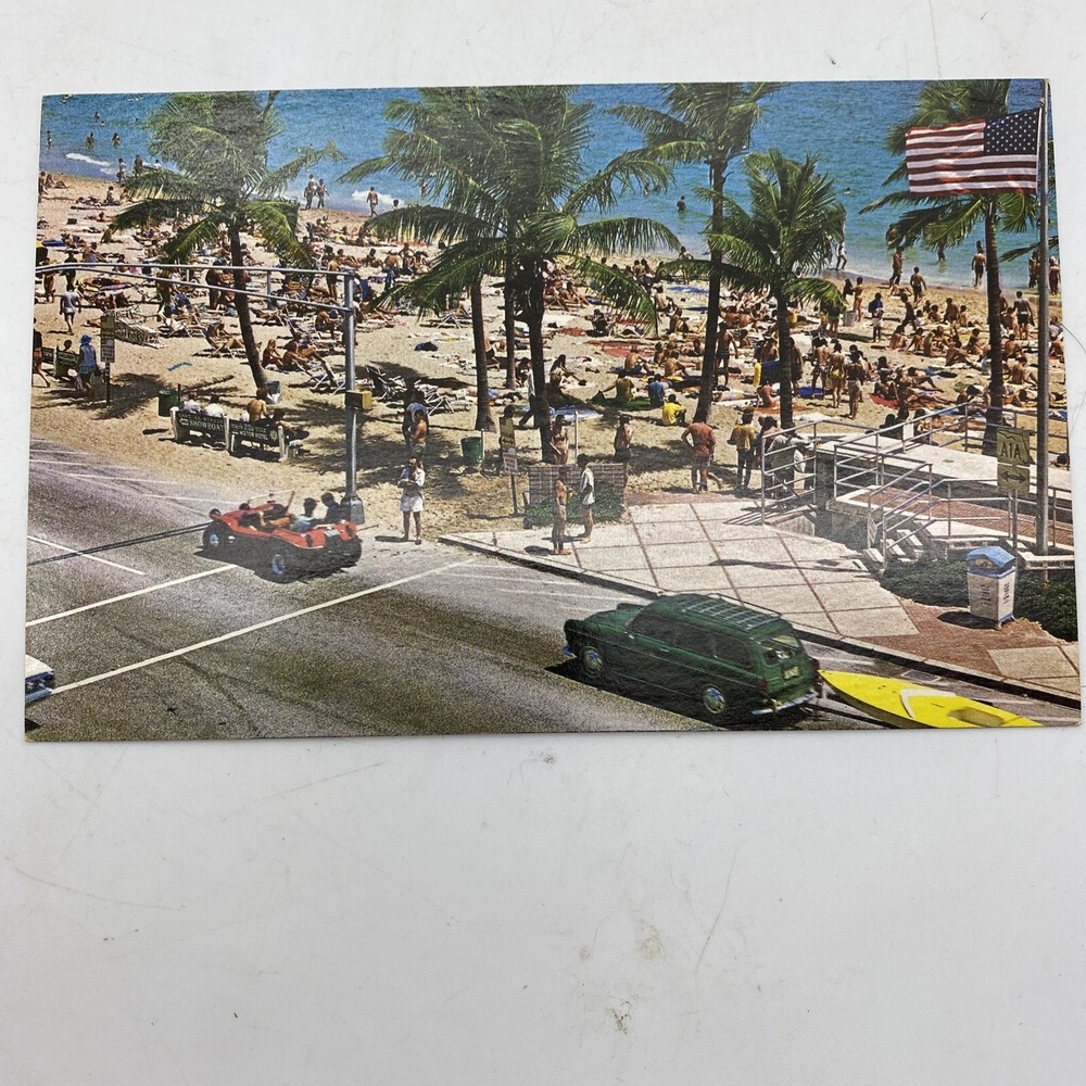 Vintage Fort Lauderdale FL Postcard Las Olas BLVD Beach Dune Buggy Sun Bathers